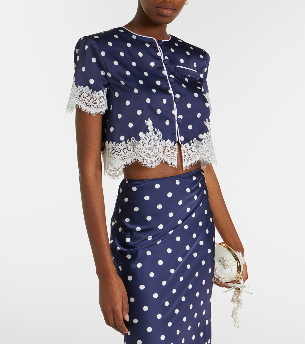 Self-Portrait Lace-trimmed polka-dot satin crop top
