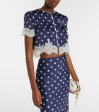 Self-Portrait Lace-trimmed polka-dot satin crop top