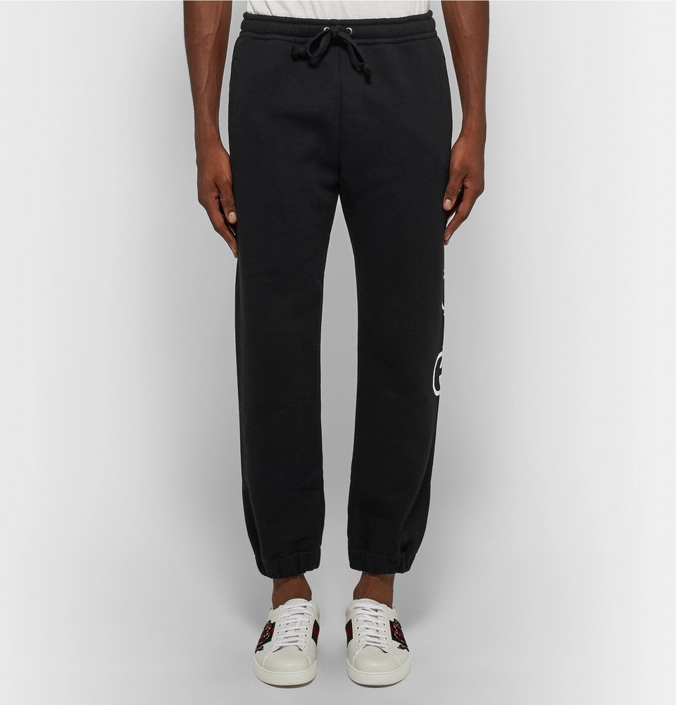 GUCCI SIDE LOGO PRINT DRAWSTRING SWEATPANTS BLACK サイズＭ 498252-X3Q37 Gucci - Tapered Logo-Print Loopback Cotton-Jersey Sweatpants - Men