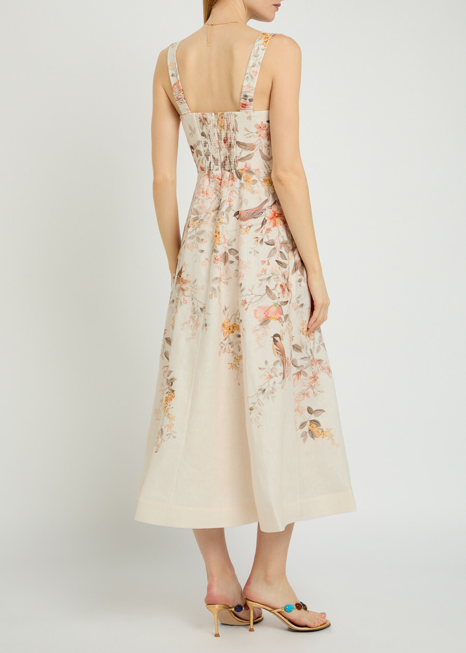 Zimmermann Luna Floral-print Linen Midi Dress Cream