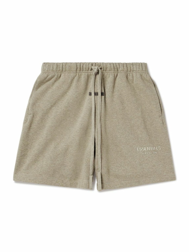 Photo: FEAR OF GOD ESSENTIALS - Wide-Leg Logo-Appliquéd Cotton-Blend Jersey Drawstring Shorts - Brown