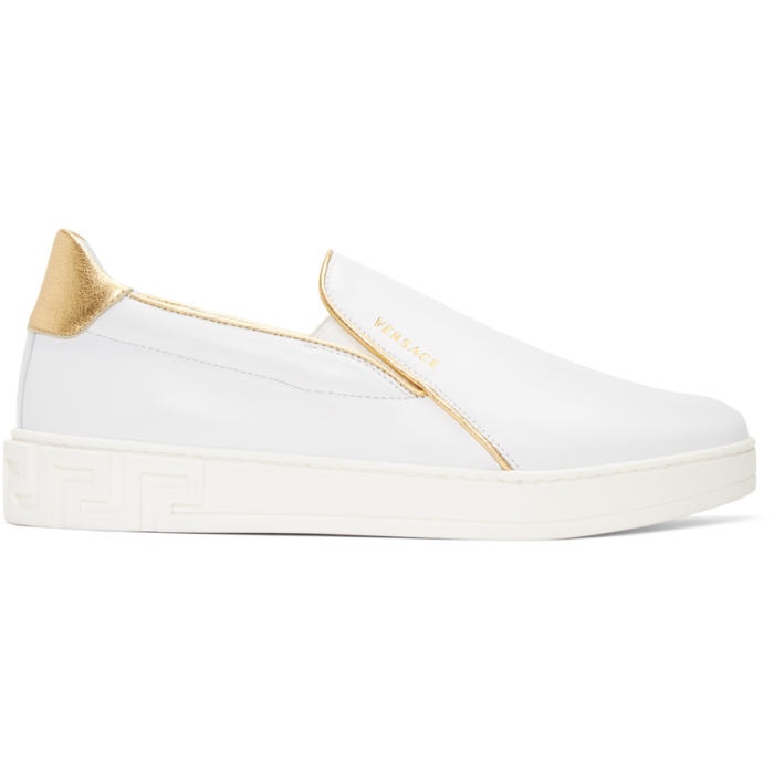 Photo: Versace White and Gold Slip-On Sneakers