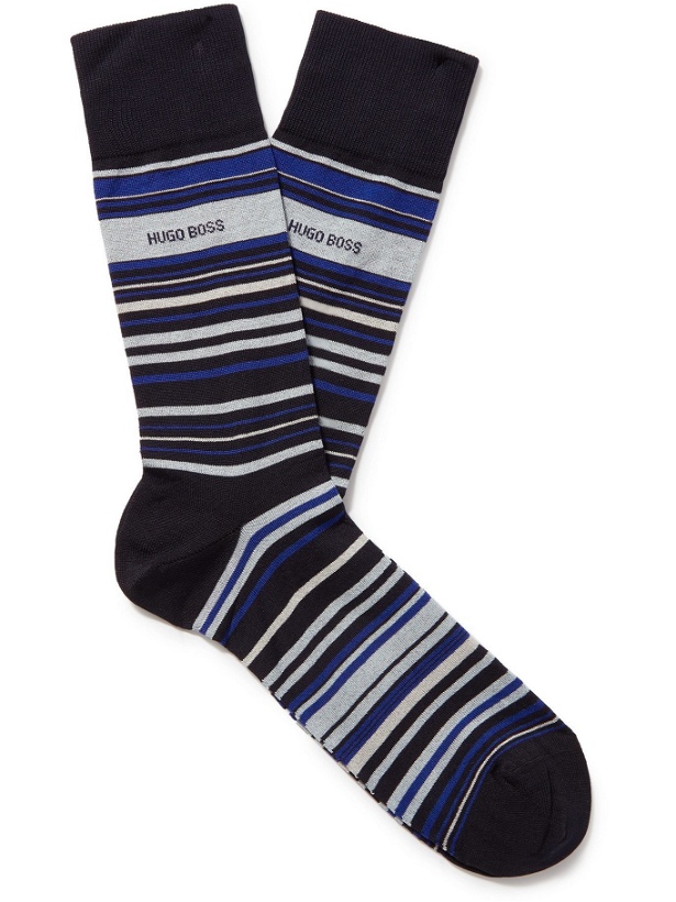 Photo: HUGO BOSS - Striped Stretch Cotton-Blend Socks - Blue