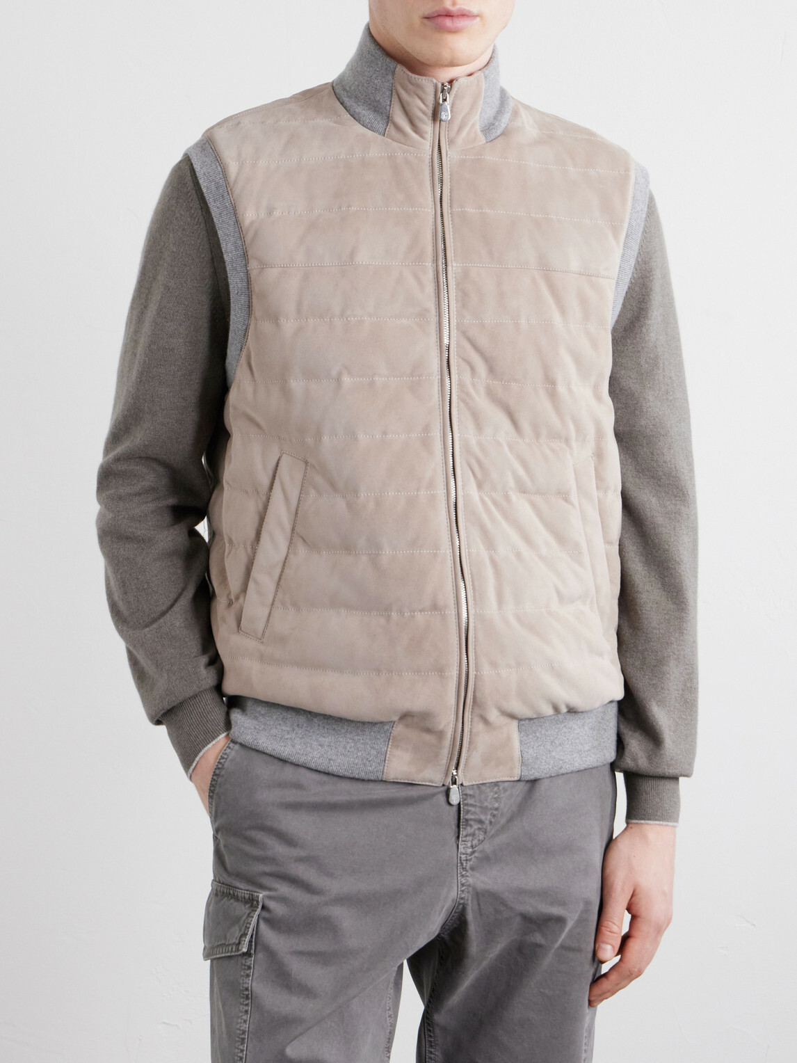 Brunello Cucinelli - Padded Cashmere-Trimmed Quilted Suede Gilet - Brown