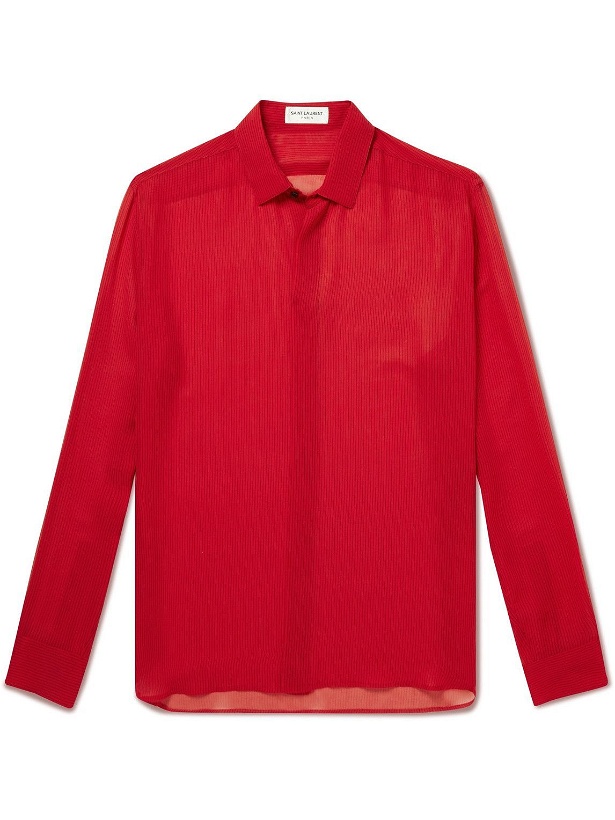 Photo: SAINT LAURENT - Pinstriped Silk-Georgette Shirt - Red