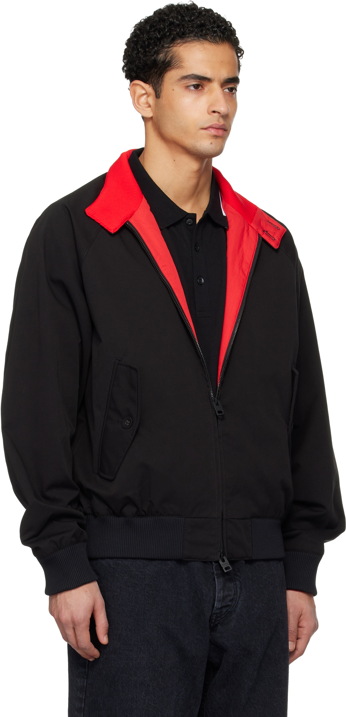 Hugo Black Twill Buttoned Stand Collar Bomber Jacket