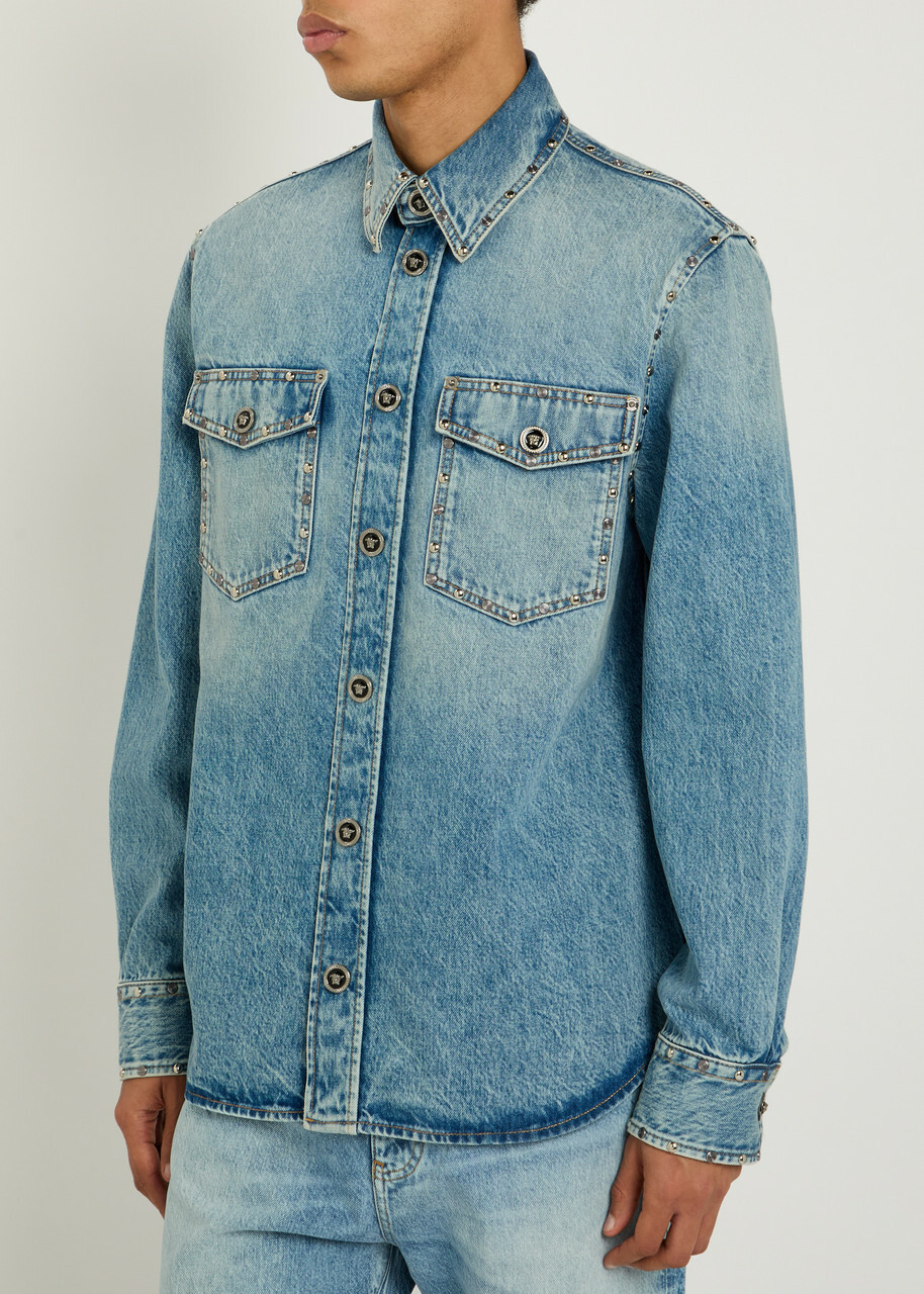 Versace Stud-embellished Denim Shirt Light Blue