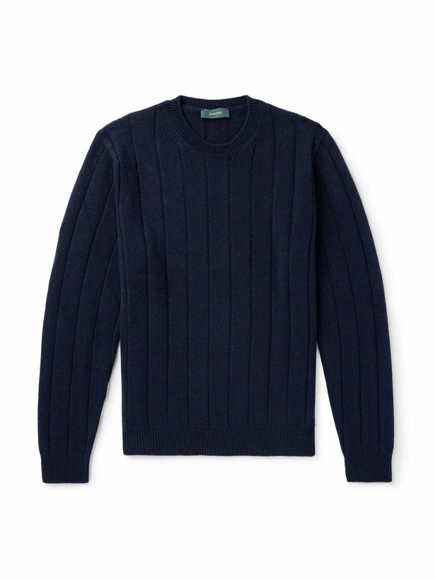 Photo: Incotex - Ribbed Wool and Cashmere-Blend Sweater - Blue