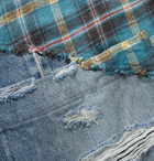 Greg Lauren - Grandad-Collar Panelled Distressed Checked Cotton-Flannel and Denim Shirt - Blue