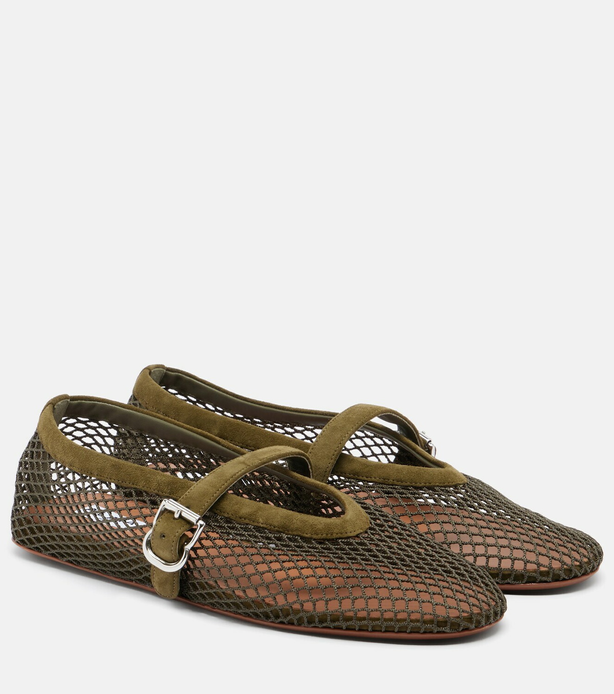 Alaïa Fishnet suede-trimmed Mary Jane flats