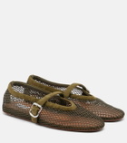 Alaïa Fishnet suede-trimmed Mary Jane flats