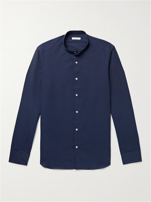 Photo: BOGLIOLI - Grandad-Collar Striped Cotton-Seersucker Shirt - Blue