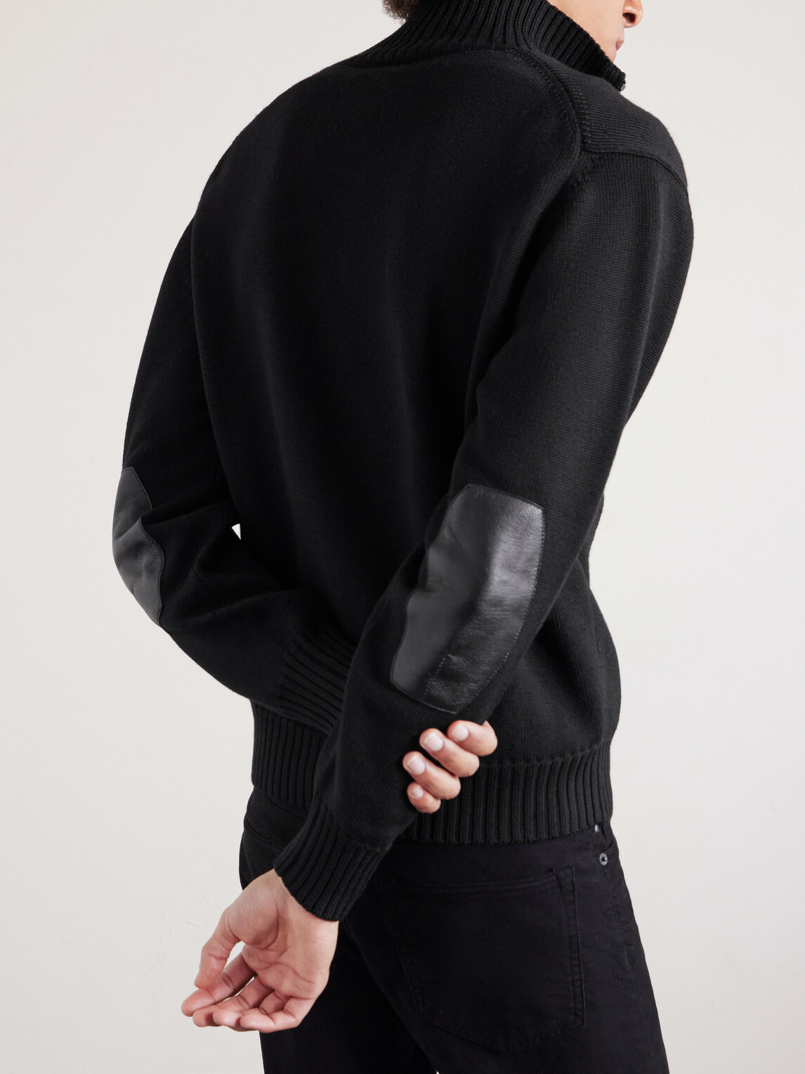TOM FORD - Leather-Trimmed Merino Wool Cardigan - Black