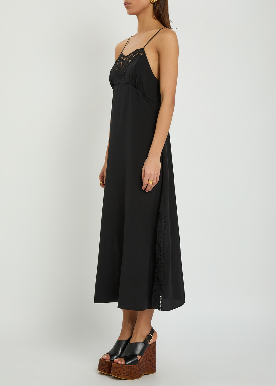 Chloe Lace-trimmed Silk Midi Dress Black