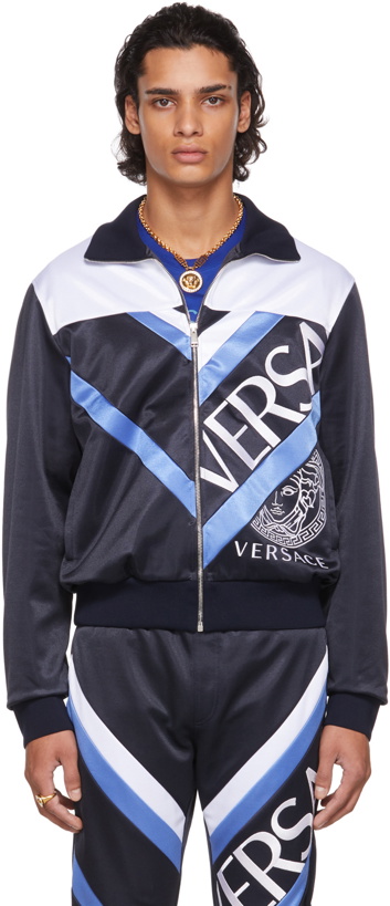Photo: Versace Navy Jersey Logo Jacket