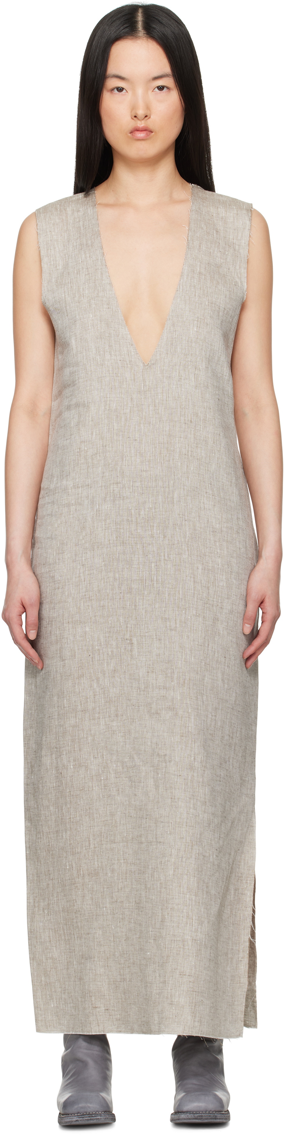 Gabriela Coll Garments Gray No.61 Linen V-Neck Midi thatDress
