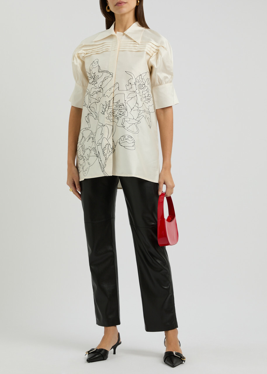 Lovebirds Embroidered Silk-satin Shirt Ivory