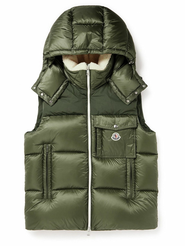 Photo: Moncler - Shearling-Lined Logo-Appliquéd Ripstop Hooded Down Gilet - Green
