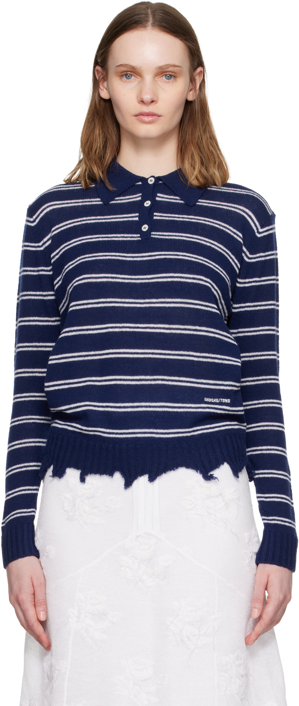 SHUSHU/TONG Navy & White Striped Long-Sleeve Knit Polo