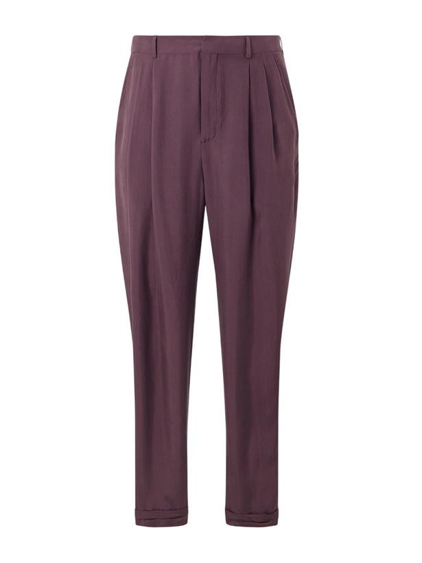 Photo: SAINT LAURENT - Tapered Belted Pleated Silk Trousers - Purple
