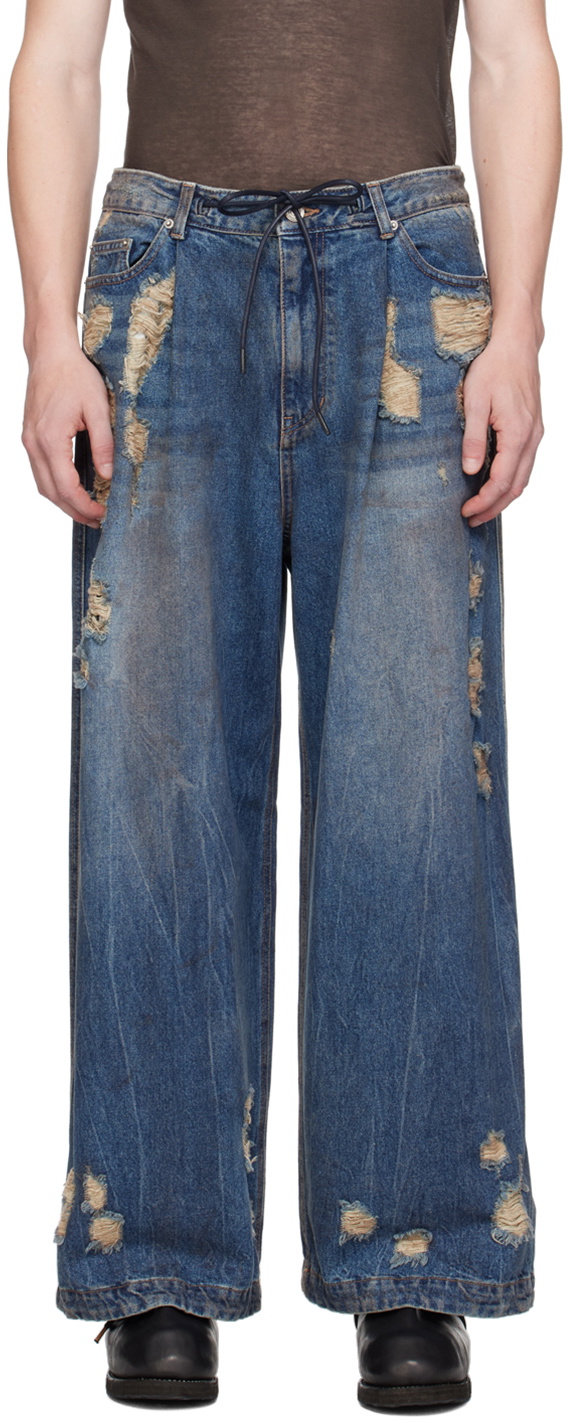 Juun.J Blue Oil-Washed Distressed Wide Jeans Juun.J