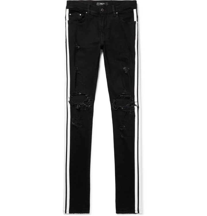 Photo: AMIRI - Track Skinny-Fit Striped Distressed Stretch-Denim Jeans - Men - Black