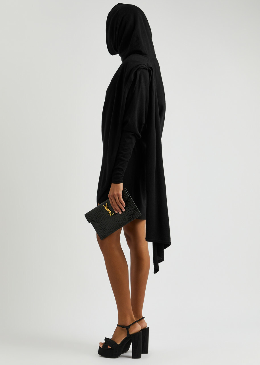 Saint Laurent Women's Black Draped Hooded Wool Mini Dress Size (UK8-10/S), Cape-Effect & High-Neck
