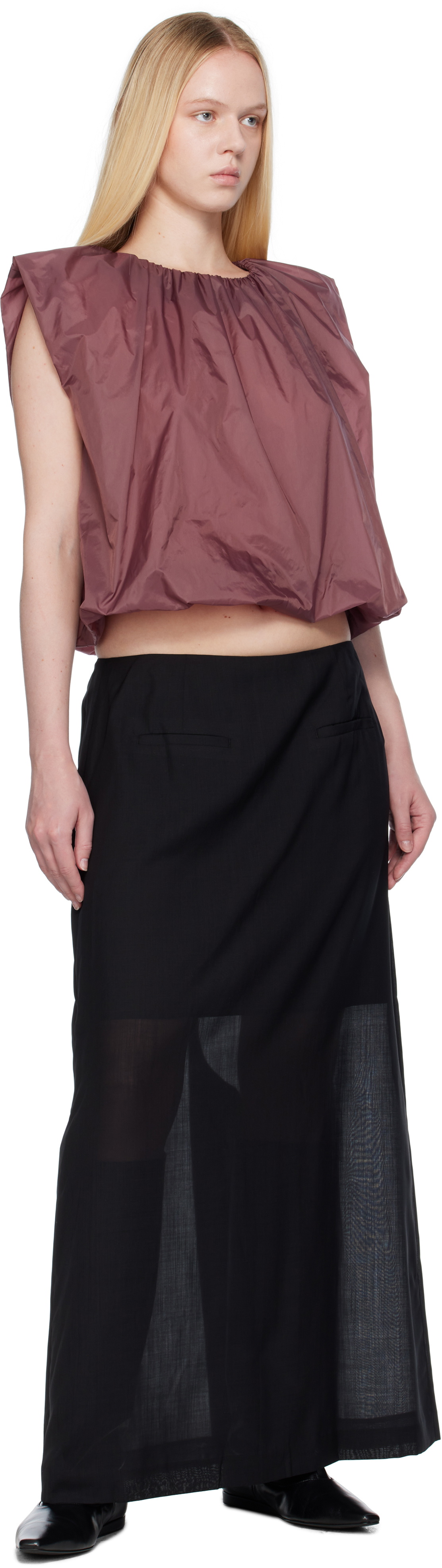 AMOMENTO Purple Nylon Volume Shirring Top