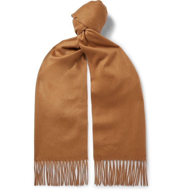 Photo: Johnstons of Elgin - Fringed Checked Cashmere Scarf - Brown