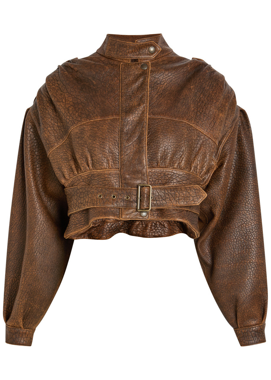 Chloe Belted Grained Leather Cropped Bomber Jacket Brown