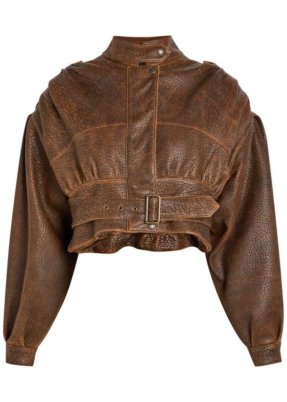 Photo: Chloe Belted Grained Leather Cropped Bomber Jacket Brown
