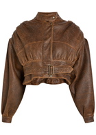 Chloe Belted Grained Leather Cropped Bomber Jacket Brown