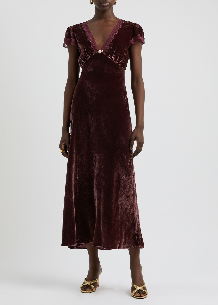 Rixo Clarice Lace-trimmed Velvet Midi Dress Dark Red Rixo