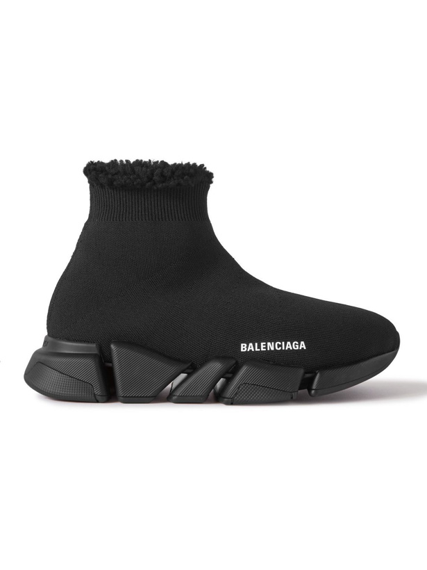 Photo: Balenciaga - Speed 2.0 Shearling-Lined Logo-Print Stretch-Knit Slip-On Sneakers - Black