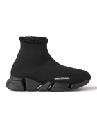 Balenciaga - Speed 2.0 Shearling-Lined Logo-Print Stretch-Knit Slip-On Sneakers - Black