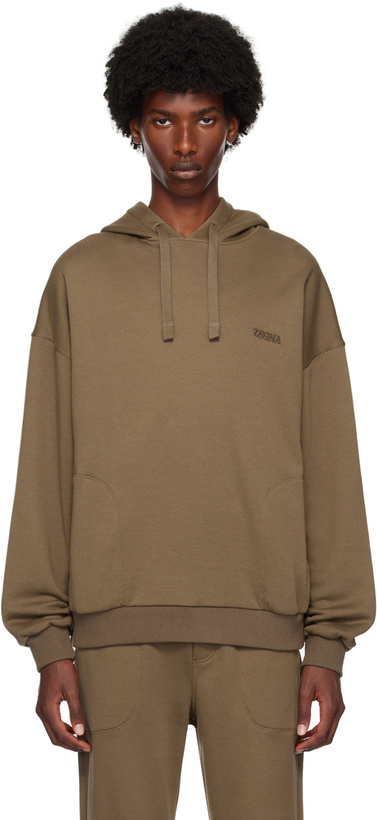 Photo: ZEGNA Brown Embroidered-Logo Hoodie