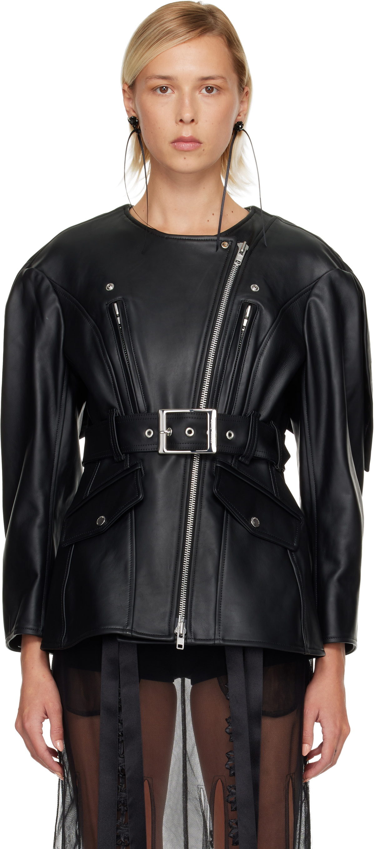 Simone Rocha Black Sculpted Belt Detail & Back Bow Leather Biker Jacket