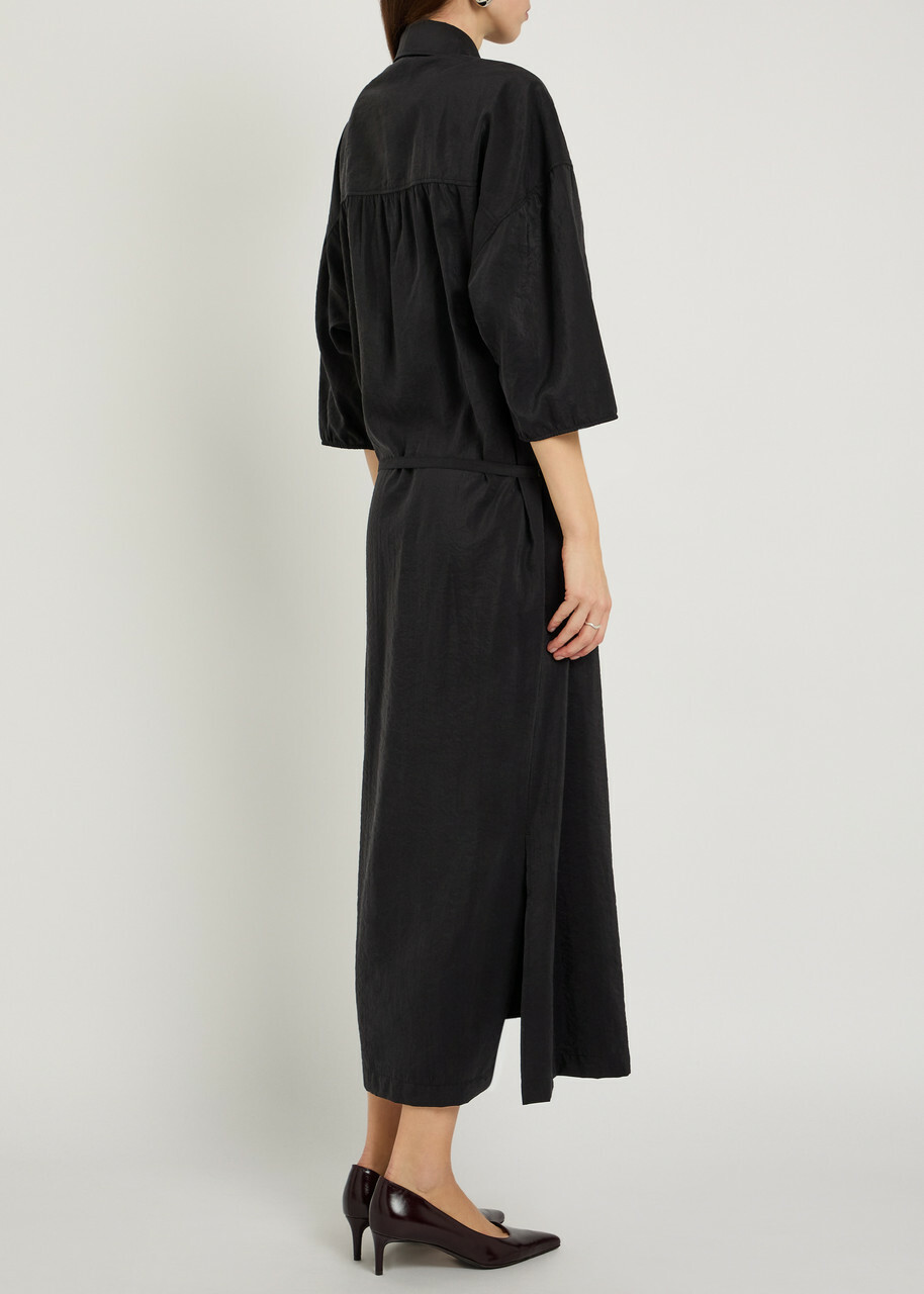 Lemaire Belted Brushed Silk-blend Midi Shirt Dress Black