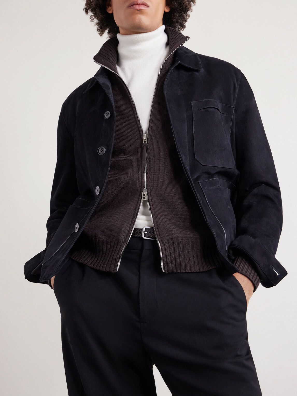 TOM FORD - Leather-Trimmed Merino Wool Cardigan - Brown