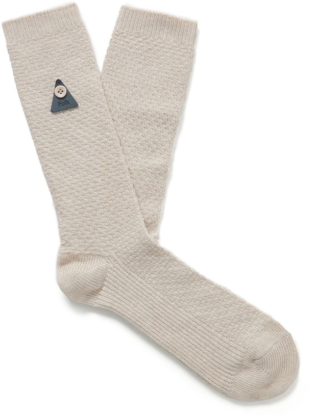 Photo: Folk - Logo-Appliquéd Waffle-Knit Cotton-Blend Socks - Neutrals
