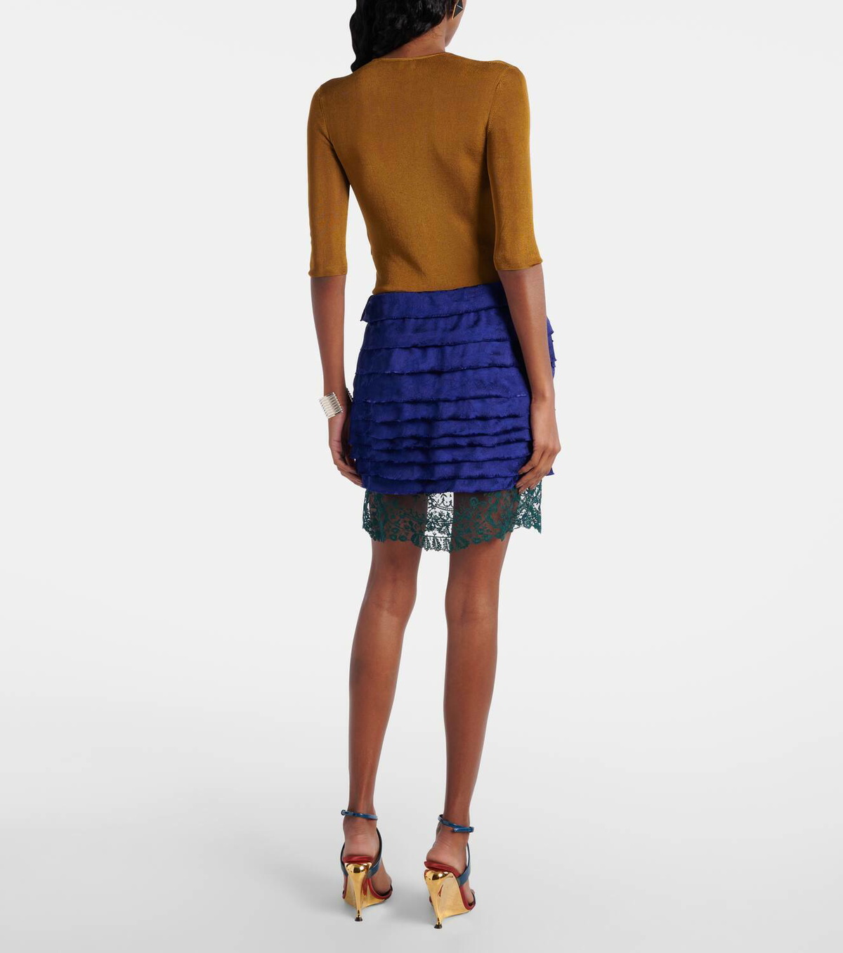 Saint Laurent Layered lace-trimmed jacquard miniskirt Saint