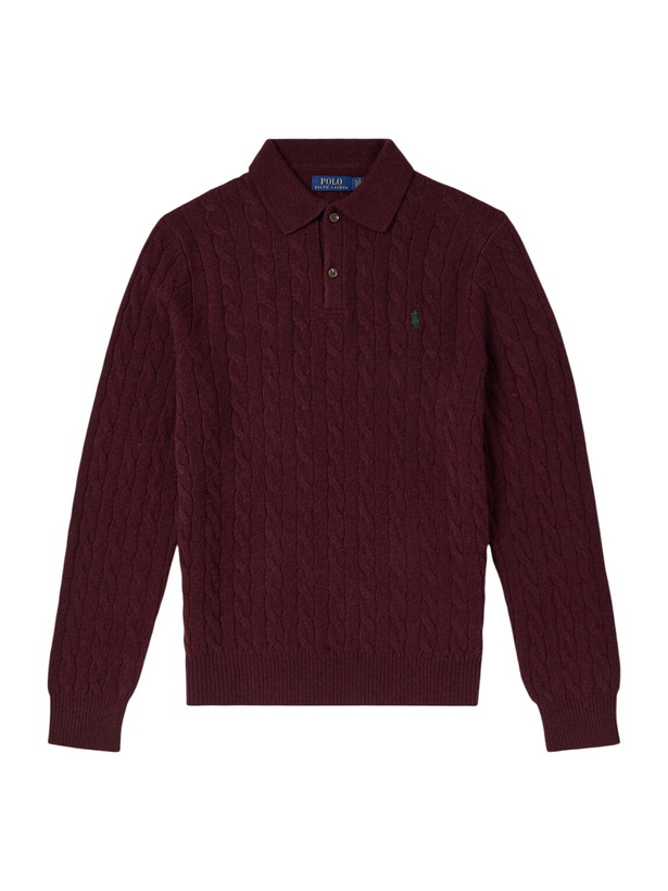 Photo: Polo Ralph Lauren - Logo-Embroidered Cable-Knit Wool and Cashmere-Blend Polo Shirt - Burgundy