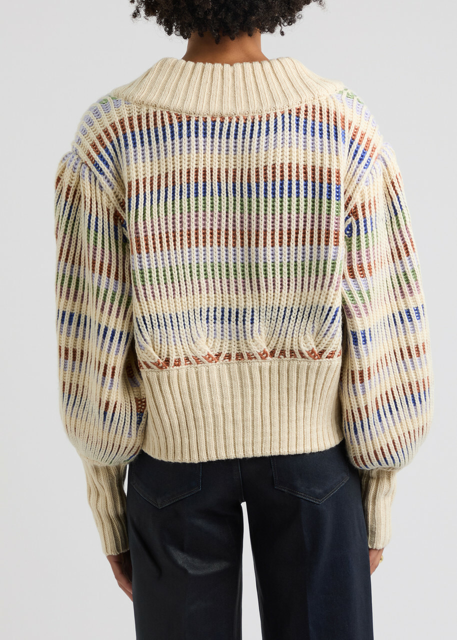 Farm Rio Striped Ribbed-knit Cardigan Cream