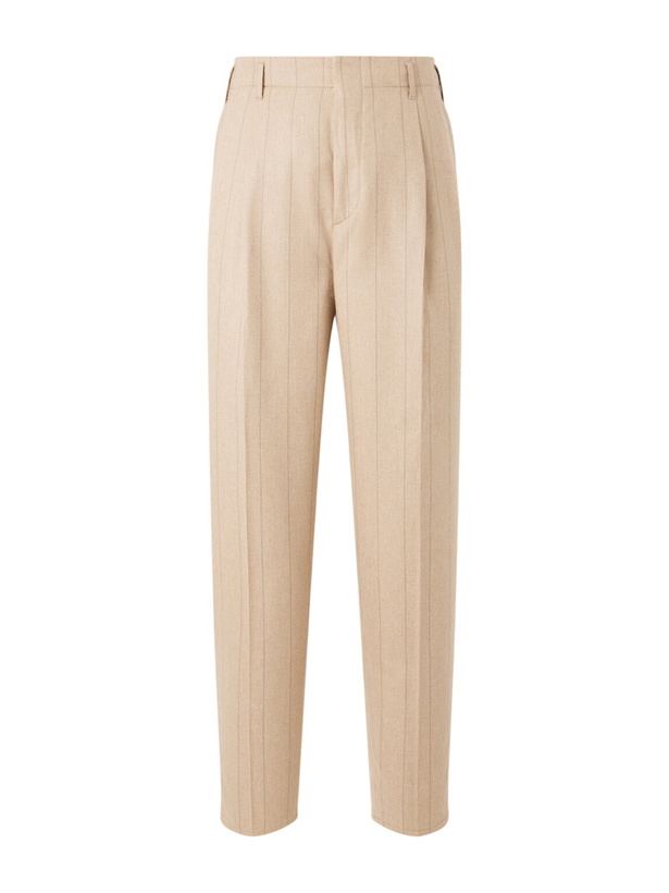 Photo: Brunello Cucinelli - Striped Pleated Straight-Leg Wool-Silk and Cashmere-Blend Flannel Suit Trousers - Brown