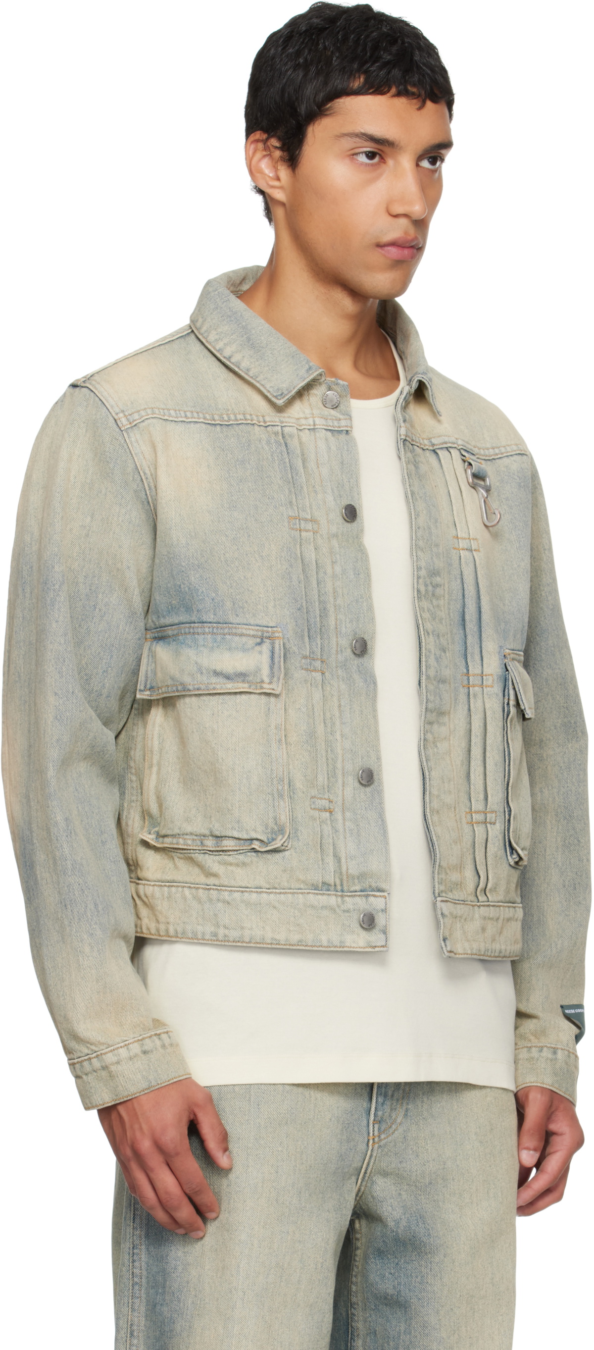 Reese Cooper Blue Concealed Button Denim Trucker Jacket