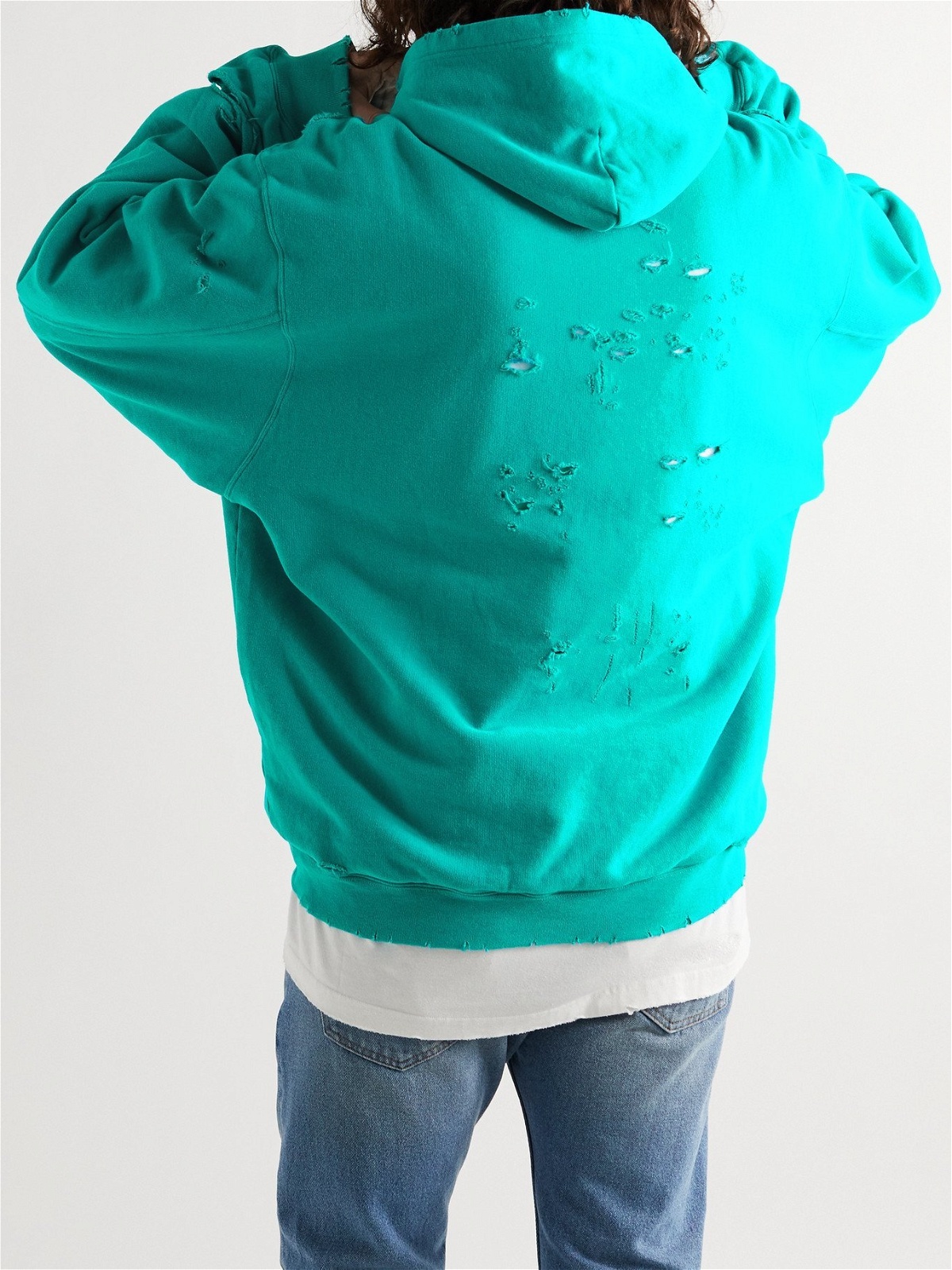 Balenciaga Green Logo Printed Distressed Cotton Oversized Hoodie S