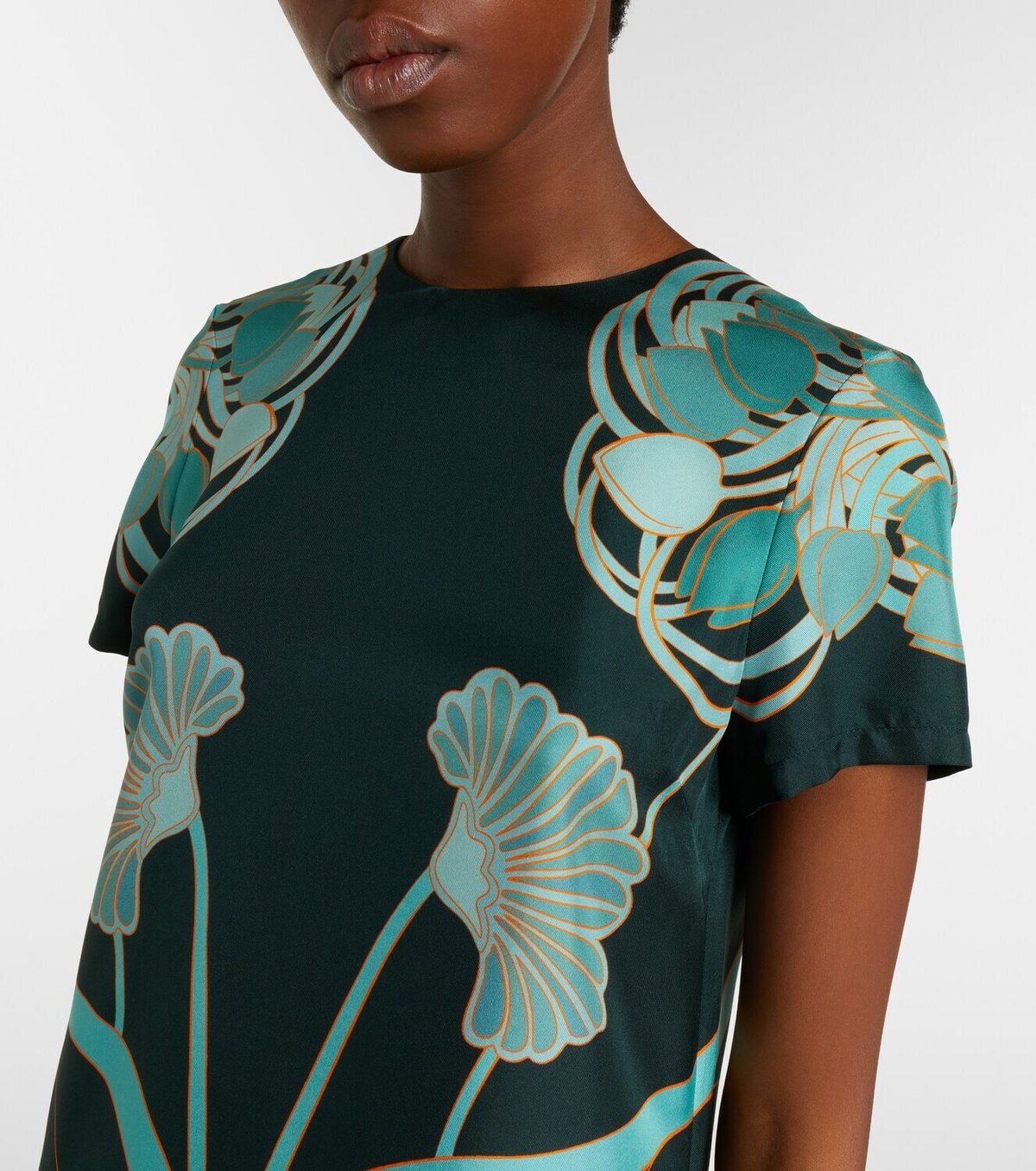La DoubleJ Swing feather-trimmed floral silk twill minidress