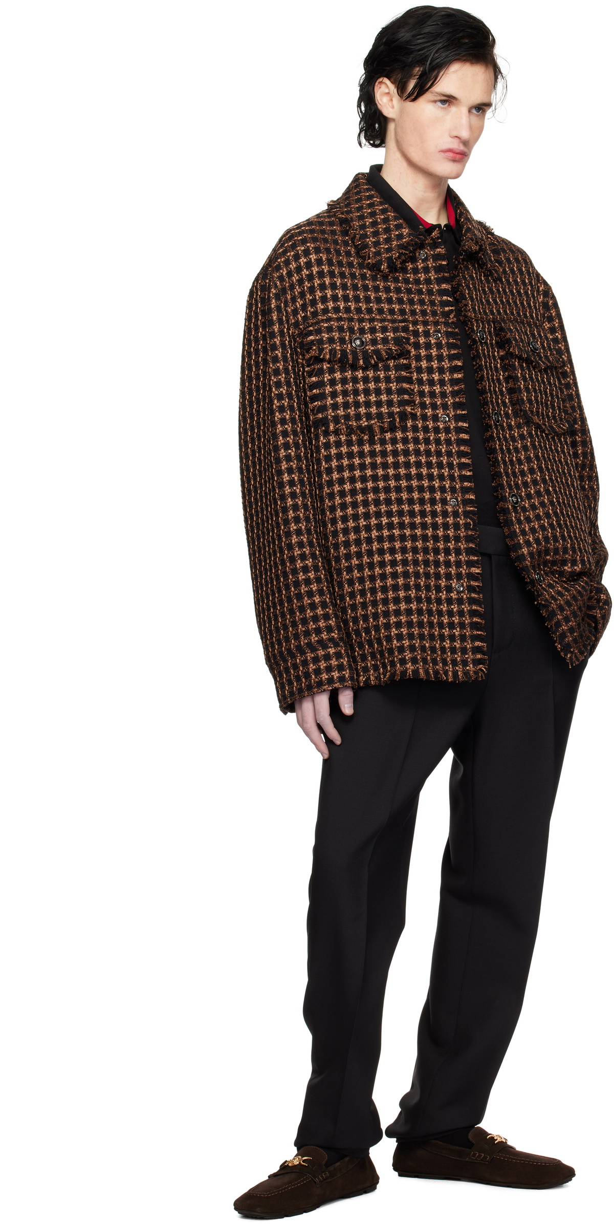 ジャケット VERSACE Button-up Frayed Tweed Waistcoat Versace Fancy Tweed Sleeveless Informal Jacket | Neiman Marcus