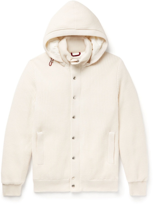 Photo: BRUNELLO CUCINELLI - Ribbed Cashmere and Shell Hooded Down Cardigan - White
