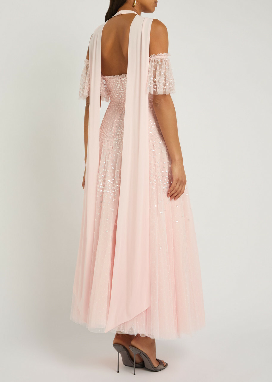 Needle & Thread Sequin-embellished Halterneck Tulle Gown Light Pink